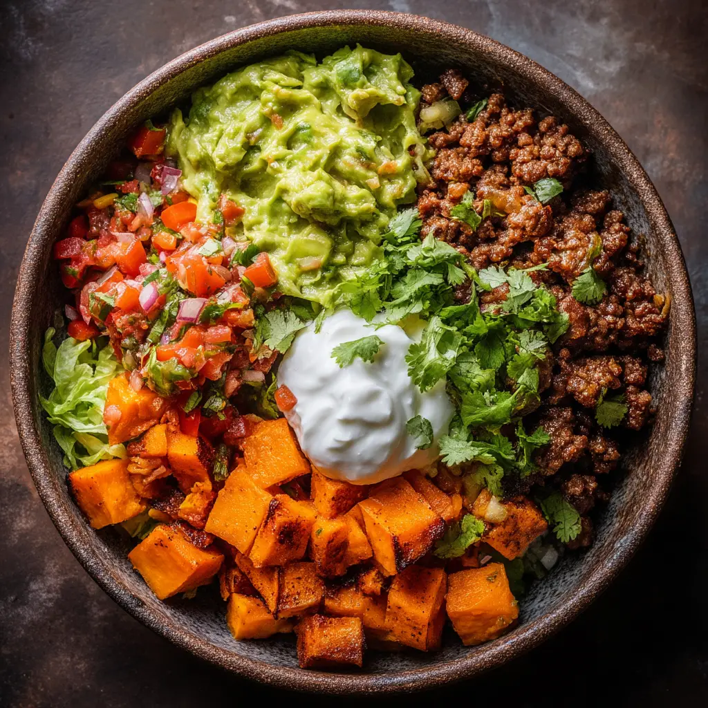 Sweet Potato Taco Bowl: The Ultimate Healthy Recipe! 1 Assembling the vegetarian taco bowl by adding fresh avocado, tomatoes, and cilantro on top of the sweet potatoes and grains.