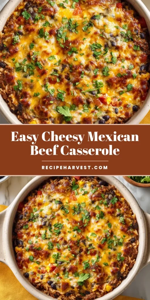 An overhead shot of a cheesy Mexican Ground Beef Casserole in an off-white baking dish, topped with fresh cilantro.