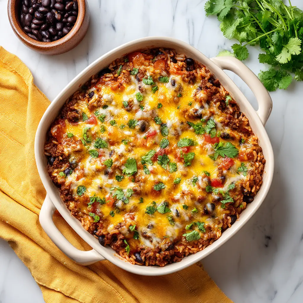 A close-up texture shot of the Mexican Ground Beef Casserole, highlighting the layers of seasoned beef, rice, and black beans under the cheesy top.