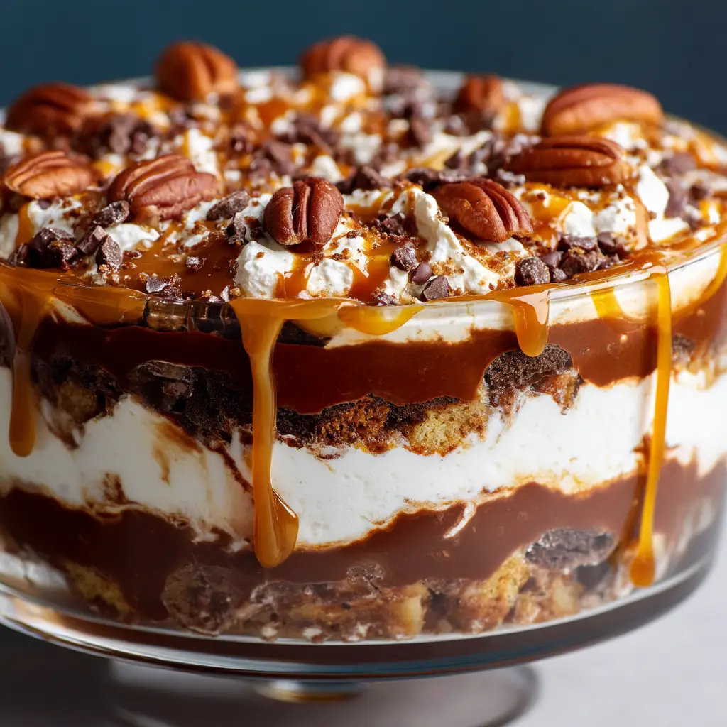 Turtle Lasagna: The Ultimate No-Bake Chocolate Caramel Dream 1 An appetizing side view of the Turtle Lasagna trifle, highlighting the texture from crushed cookie crumbles and chopped pecans between the creamy layers.