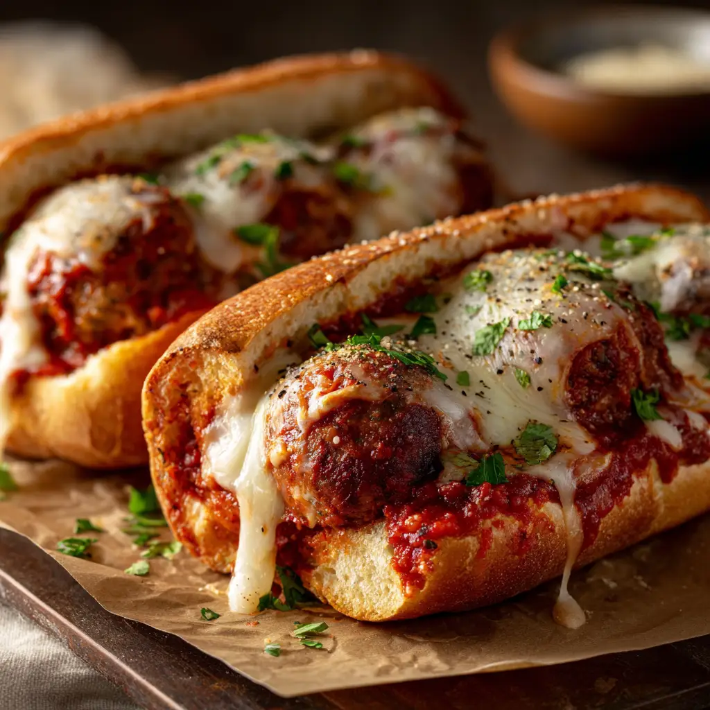 An extreme close-up food photography shot of two Cheesy Meatball Subs resting side-by-side on brown parchment paper, showcasing the melted mozzarella and parmesan cheese.