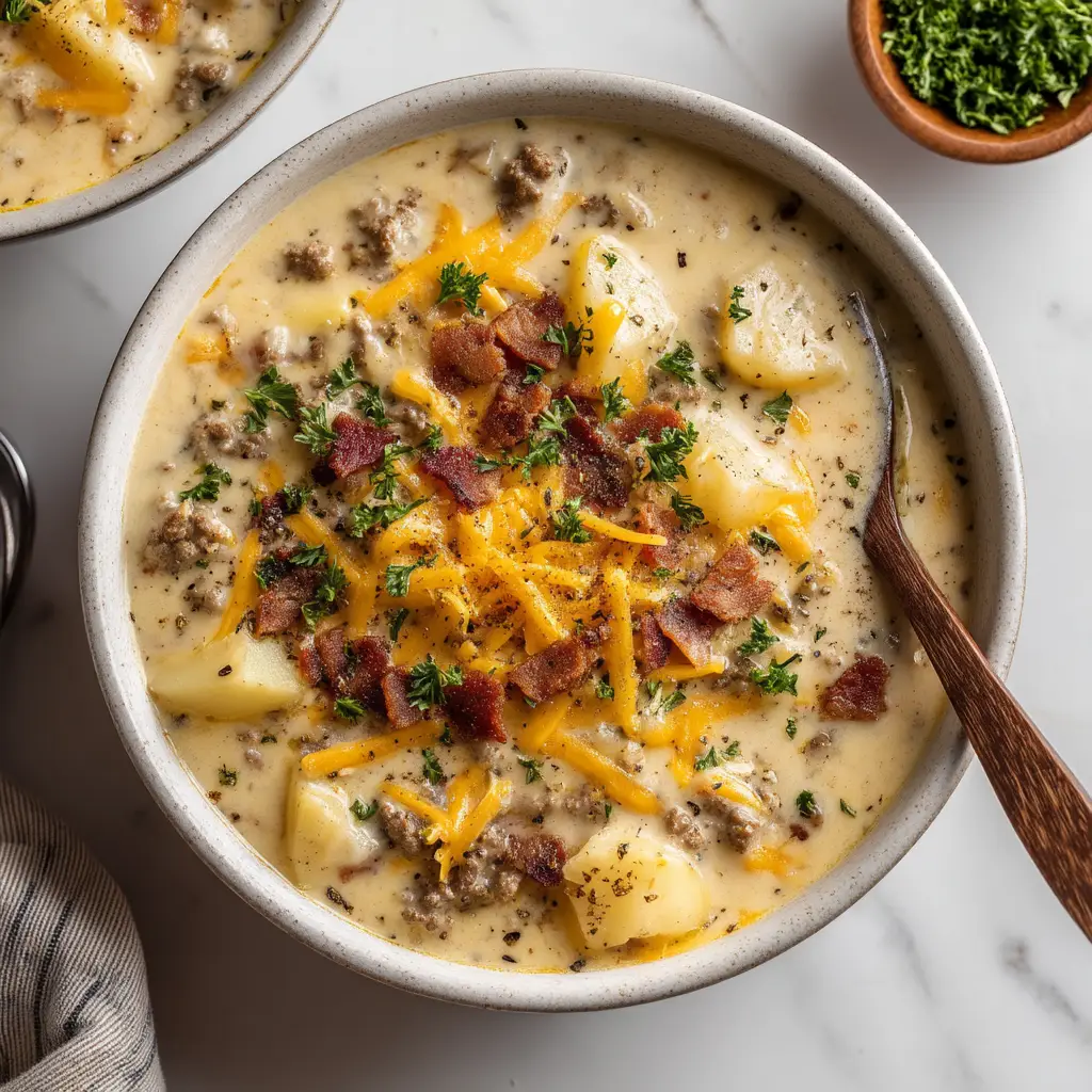 Cheeseburger Soup Recipe: The Ultimate Comfort in a Bowl 1 A close-up, appetizing shot of a spoonful of thick cheeseburger soup, showing chunks of potato and ground beef.