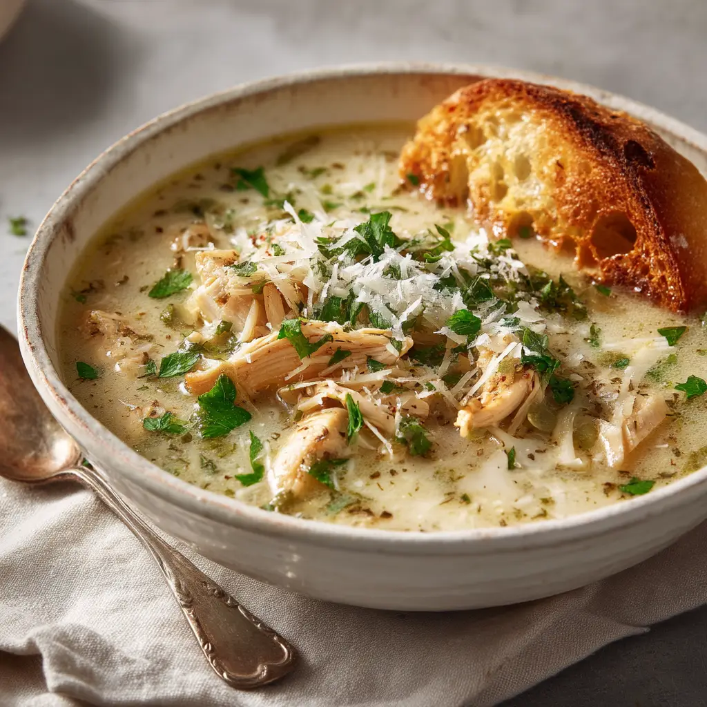 A beautifully styled shot of a bowl of Garlic Parmesan Chicken Soup on a linen napkin with a vintage spoon. The shallow depth of field highlights the thick texture of the soup.