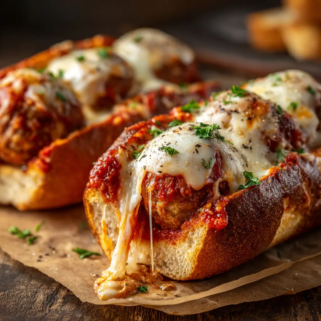 A savory shot focusing on the texture of the rich red marinara sauce and juicy meatballs inside a toasted hoagie roll for the Cheesy Meatball Subs.