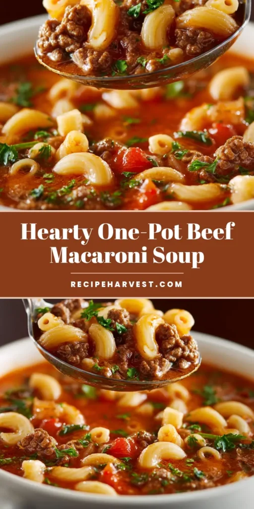 A visually striking pin for a hearty Beef and Macaroni Soup recipe, showing a close-up of the finished dish in a white bowl with text overlay.