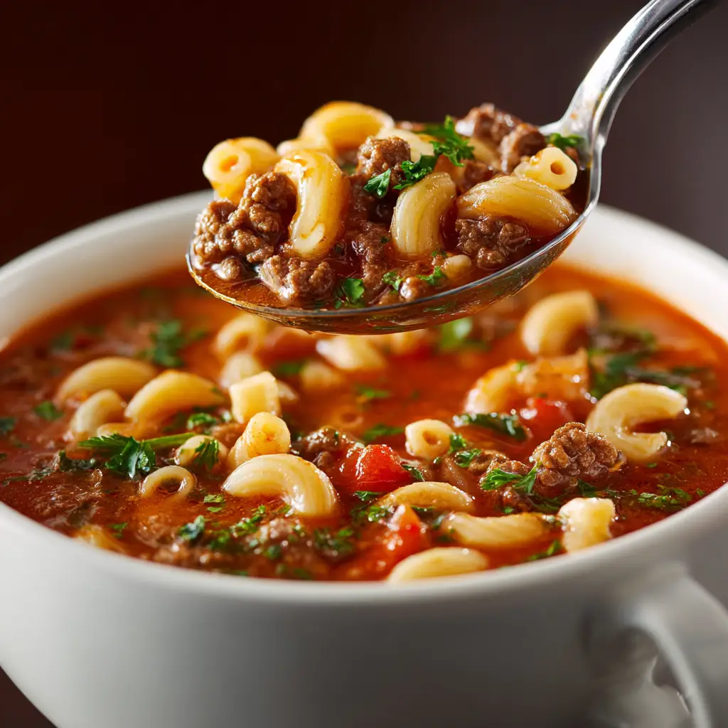 An extreme close-up of a ladle lifting a hearty scoop of Beef and Macaroni Soup. The thick tomato broth, ground beef, and elbow macaroni are clearly visible.