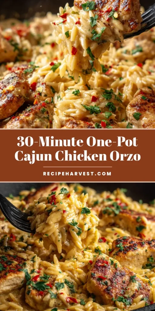 One-Pot Cajun Chicken Orzo: The Ultimate Creamy Skillet Dinner 4 A shareable pin image showing a skillet of creamy one-pot cajun chicken orzo, garnished with parsley.