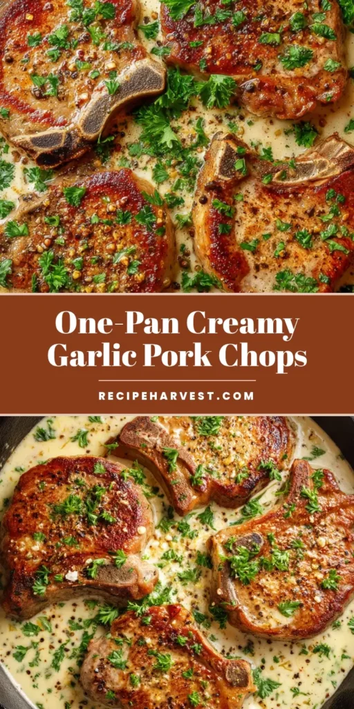 Creamy Garlic Pork Chops: A Skillet Masterpiece 4 An overhead shot of two Creamy Garlic Pork Chops in a cast iron skillet. The chops are golden-brown and covered in a creamy white sauce with parsley garnish.