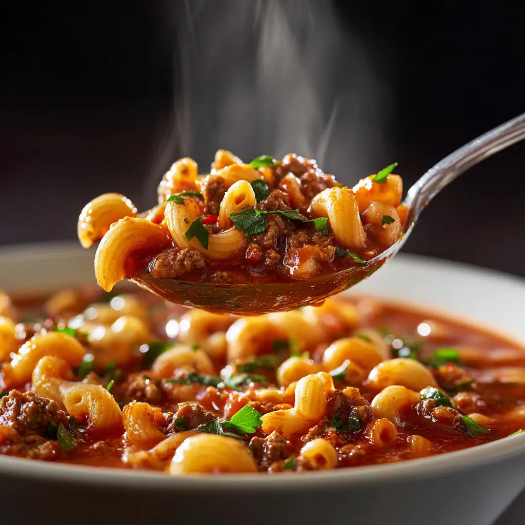 A white ceramic bowl filled with hearty Beef and Macaroni Soup, garnished with fresh flecks of chopped parsley under bright studio lighting.