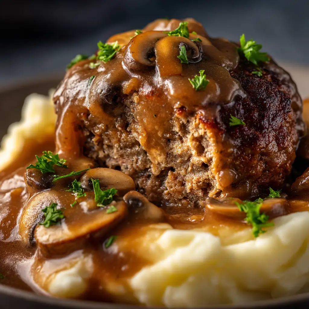 A warm and dramatic food scene showing a Salisbury Steak dinner with creamy mashed potatoes, with glossy gravy, sautéed mushrooms, and fresh parsley.
