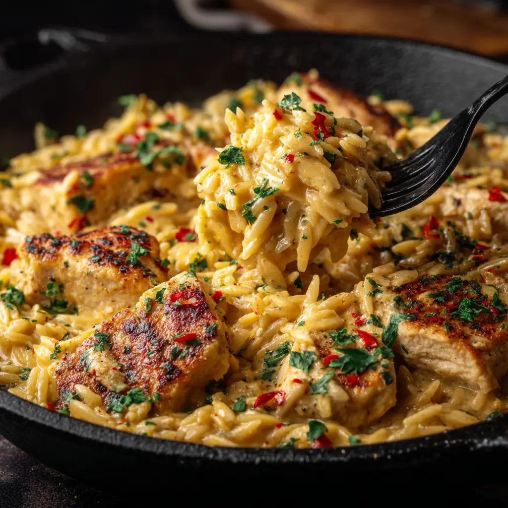 An extreme close-up shot of creamy one-pot cajun chicken orzo in a black cast iron skillet. A fork lifts a steamy scoop, showing the creamy texture and seared chicken pieces.