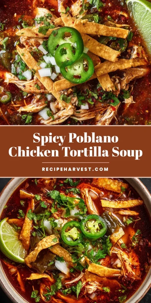 An overhead shot of a rustic white bowl filled with steaming Poblano Chicken Tortilla Soup. The soup is garnished with crispy tortilla strips, cilantro, and jalapenos, with a lime wedge on the side.