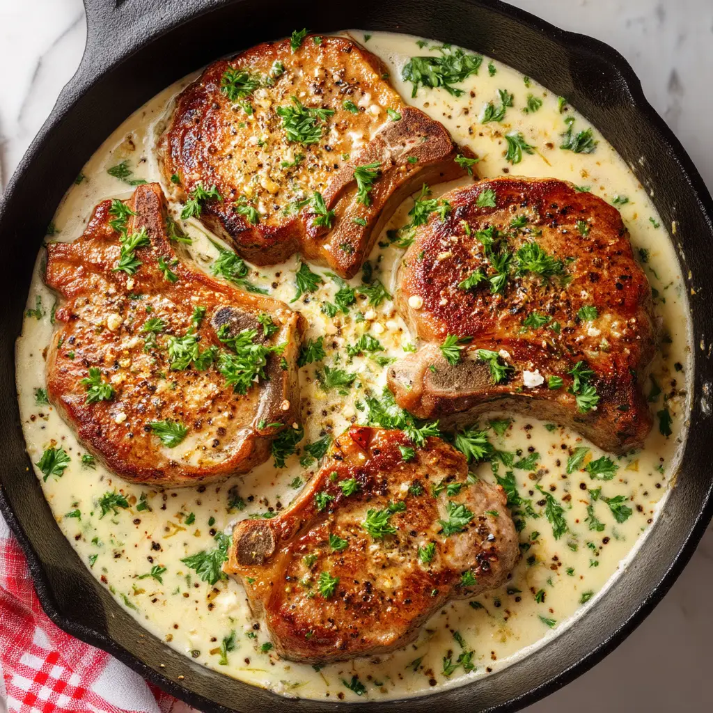 A close-up, top-down view of Creamy Garlic Pork Chops simmering in a cast iron skillet, showcasing the glossy garlic cream sauce and fresh parsley.