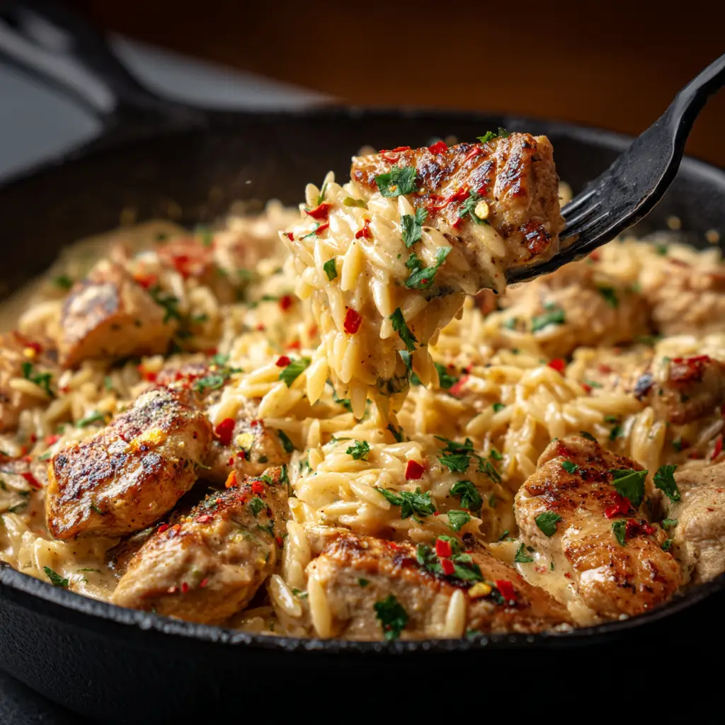 One-Pot Cajun Chicken Orzo: The Ultimate Creamy Skillet Dinner 1 A slightly elevated angle view of the one-pot cajun chicken orzo in a rustic skillet, garnished with fresh parsley and red pepper flakes.
