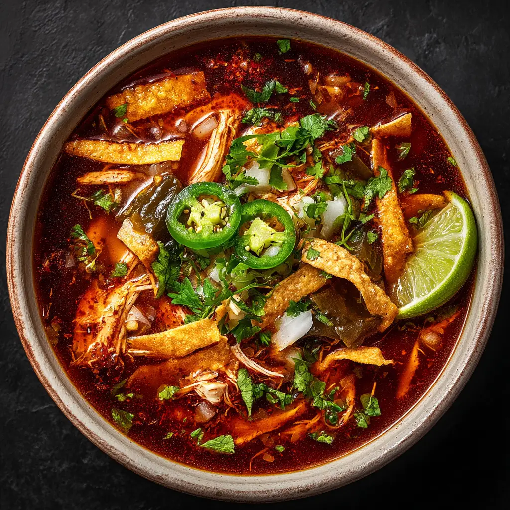 A close-up, cinematic overhead view of a finished bowl of Poblano Chicken Tortilla Soup, showing the rich red-orange broth, shredded chicken, roasted poblano chunks, and generous garnishes.