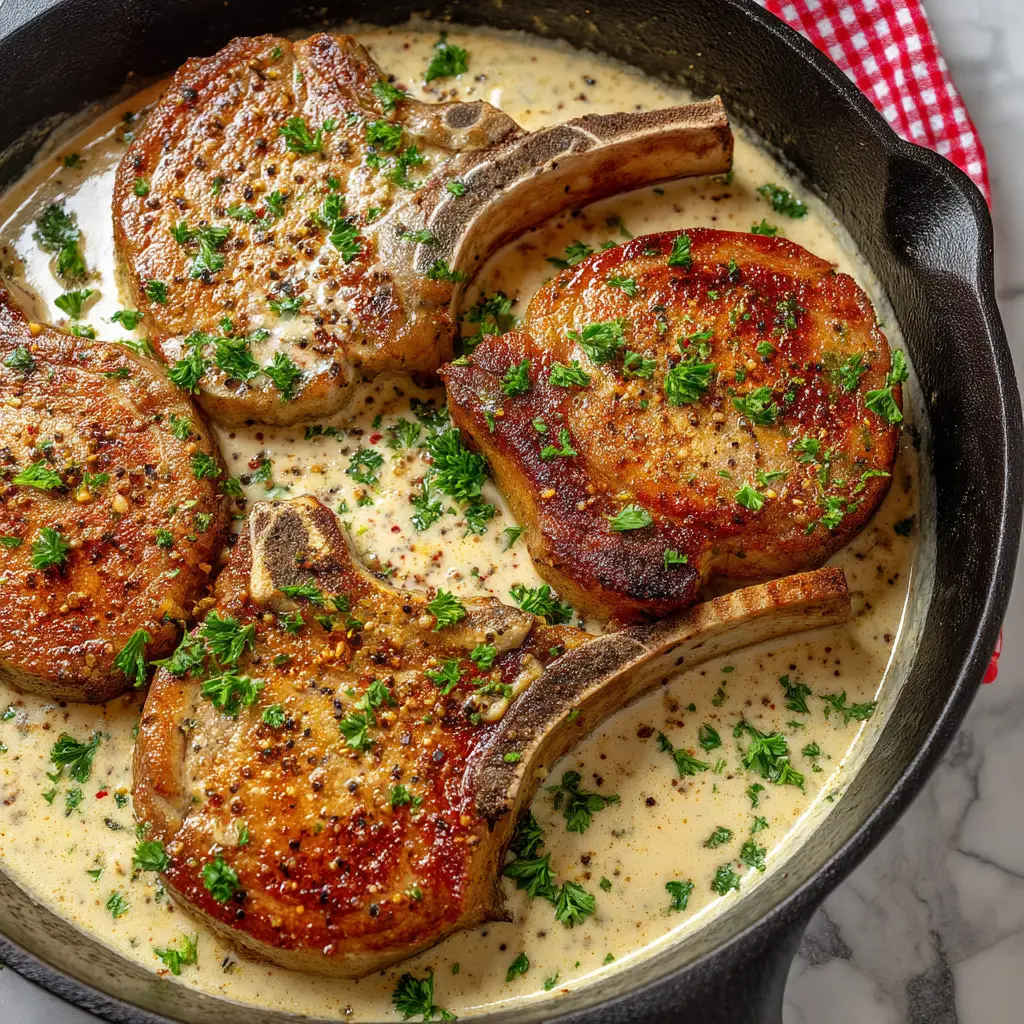 Creamy Garlic Pork Chops: A Skillet Masterpiece 1 Extreme close-up overhead shot of a thick, bone-in pork chop with a golden sear simmering in a creamy garlic sauce in a black cast iron skillet.