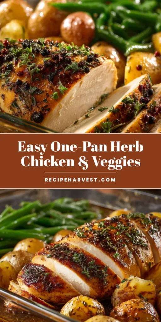 A savory Herb-Baked Chicken breast sliced thick with roasted baby potatoes and bright green beans in a glass dish.