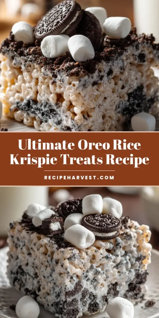 Oreo Rice Krispie Treats: The Ultimate No-Bake Cookies and Cream Bars 4 A stack of thick Oreo Rice Krispie Treats garnished with mini Oreo cookies and marshmallows, showcasing a chewy cookies and cream texture.