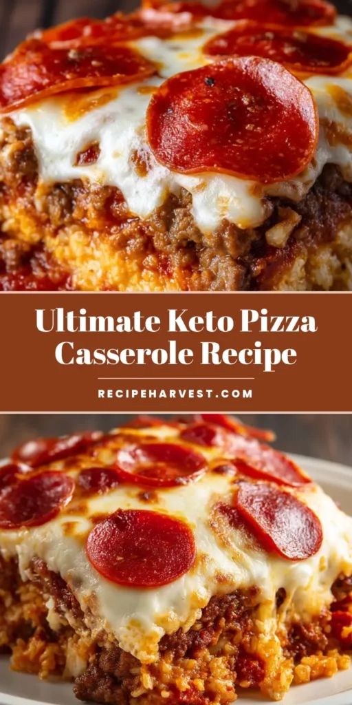 A top-down view of a fully baked Keto Pizza Casserole in a casserole dish, ready to be pinned.