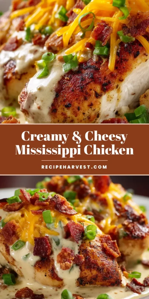 A Pinterest-style vertical graphic showing Mississippi Chicken on a white plate with melted cheddar, bacon crumbles, and green onions.
