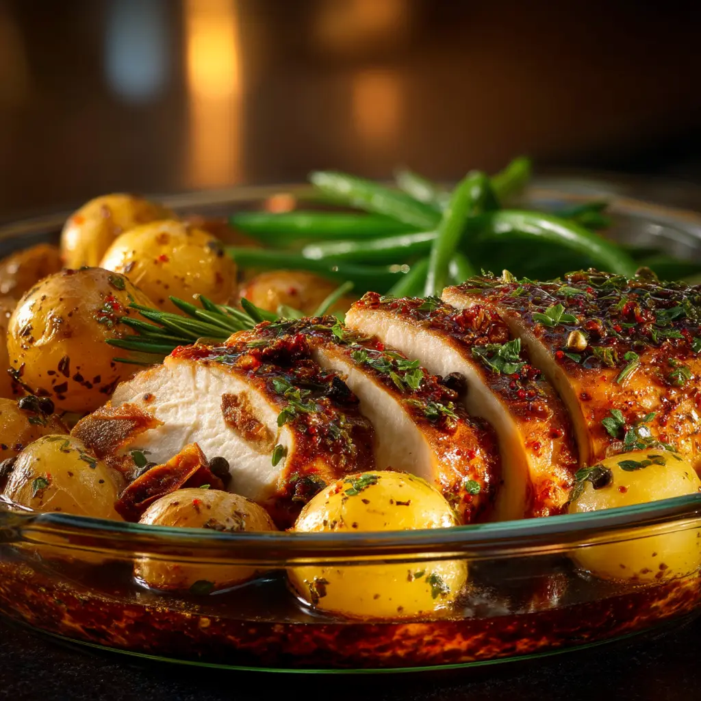 Full view of the clear glass baking dish with Herb-Baked Chicken, potatoes, and green beans.