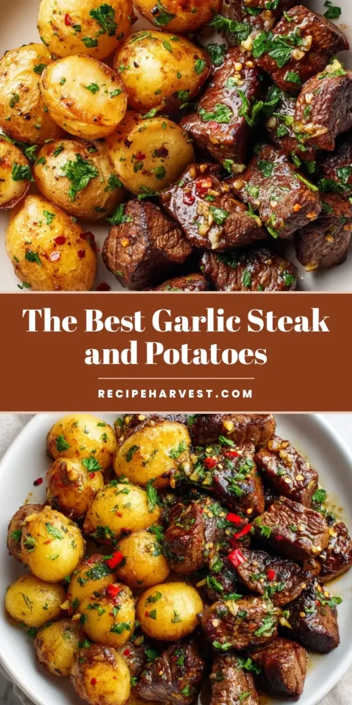 Garlic Steak Bites and Potatoes: The Ultimate Skillet Comfort Meal 4 Close-up overhead view of Garlic Steak Bites and Potatoes on a white ceramic plate, featuring seared beef cubes with glossy butter glaze and crispy roasted baby potatoes garnished with parsley.