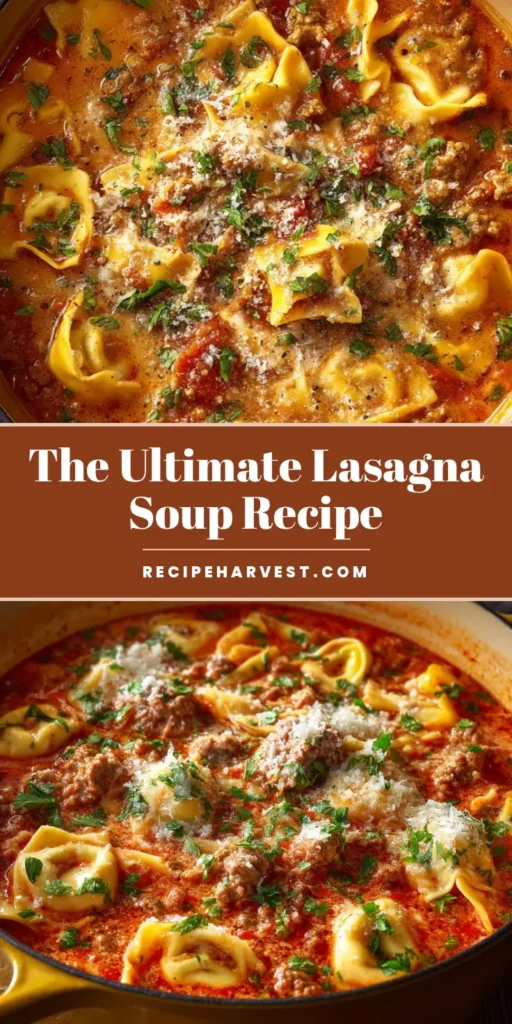 Lasagna Soup Recipe: The Creamiest One-Pot Tortellini Comfort Meal 4 An overhead shot of a vibrant Lasagna Soup Recipe in a yellow dutch oven with cheese tortellini and fresh parsley.