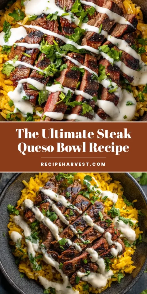 Overhead shot of a Steak Queso Bowl with charred beef slices and yellow rice in a rustic grey bowl.
