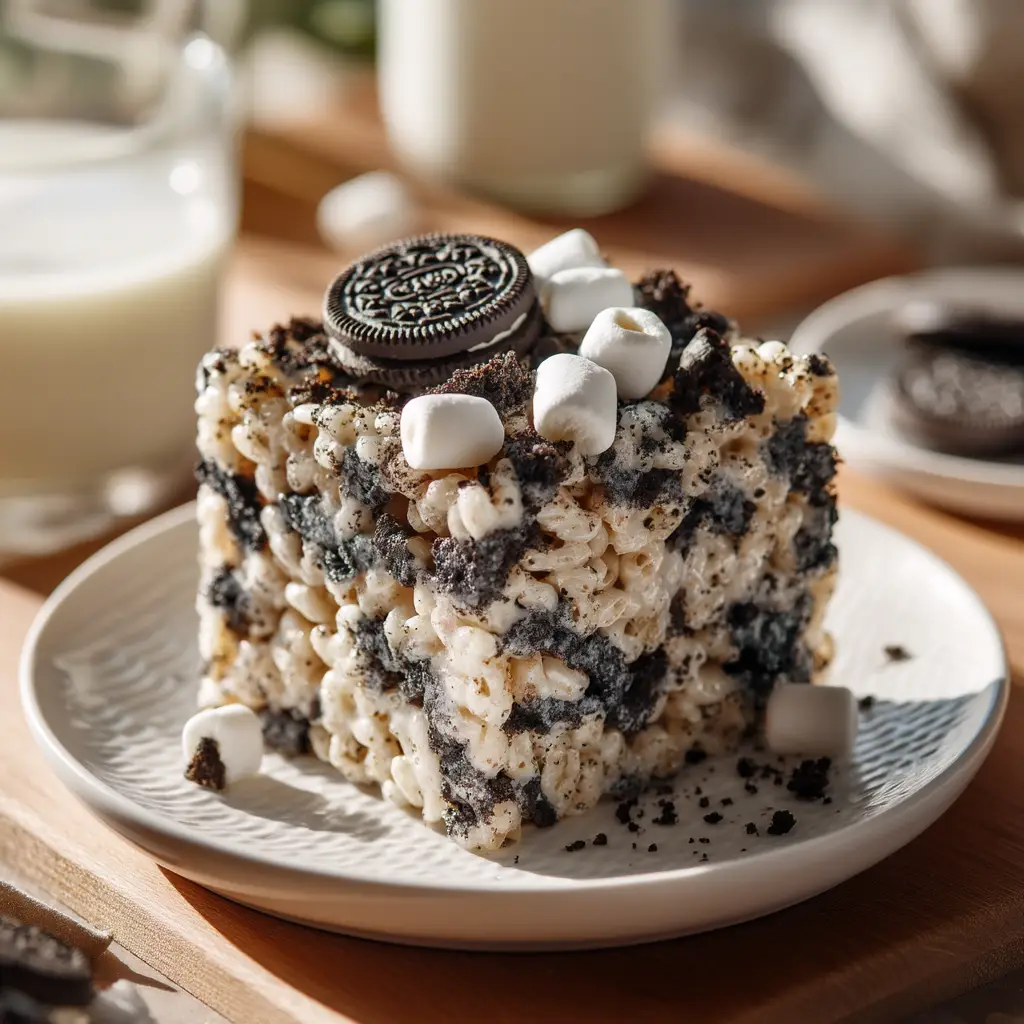 Oreo Rice Krispie Treats: The Ultimate No-Bake Cookies and Cream Bars 1 Side view of a thick Oreo Rice Krispie Treat next to a glass of milk on a wooden surface.