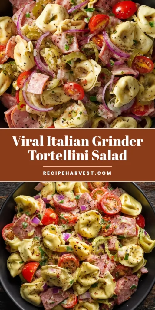 Italian Grinder Tortellini Salad: The Ultimate Deli-Style Fusion 4 An overhead shot of an Italian Grinder Tortellini Salad in a black bowl with salami, pepperoni, ham, and tomatoes on a rustic wood background.