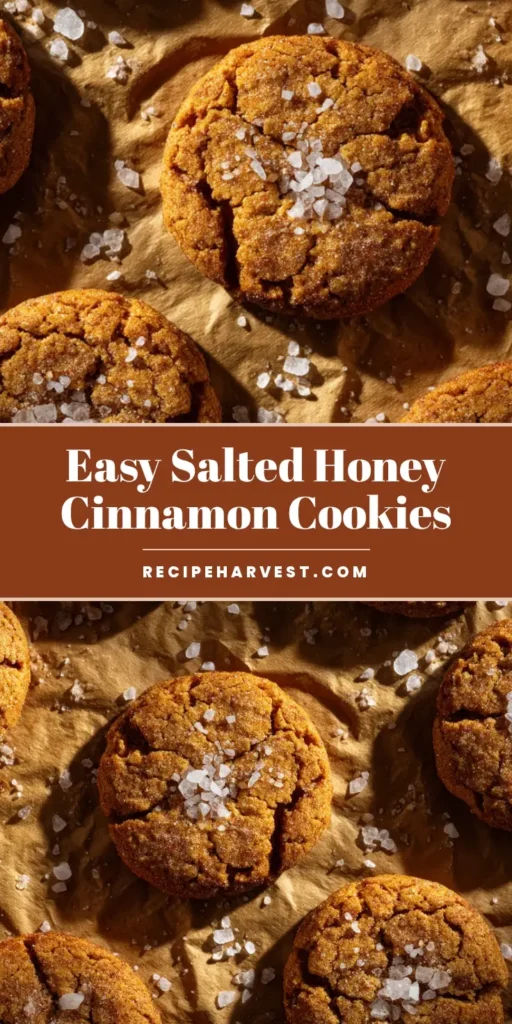 Salted Honey Cinnamon Cookies with Flaky Sea Salt and Crackled Tops 4 A batch of Salted Honey Cinnamon Cookies with golden brown crackled tops and glistening sea salt on brown parchment paper.
