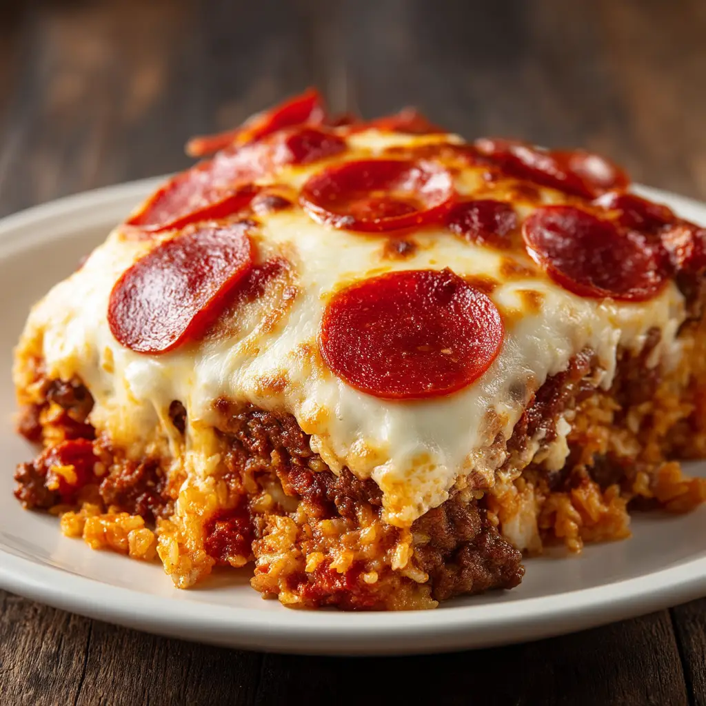 An extreme close-up shot of a serving of Keto Pizza Casserole on a white plate, highlighting the bubbly, browned cheese and crispy pepperoni.