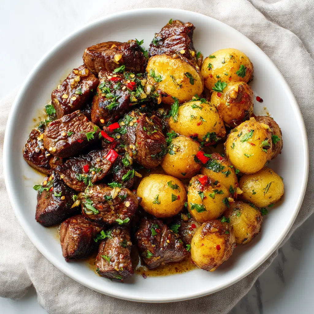 Garlic Steak Bites and Potatoes: The Ultimate Skillet Comfort Meal 2 High-detail food photography of garlic butter steak bites and roasted halved baby potatoes, showing the deep brown sear and vibrant red pepper flake garnish.