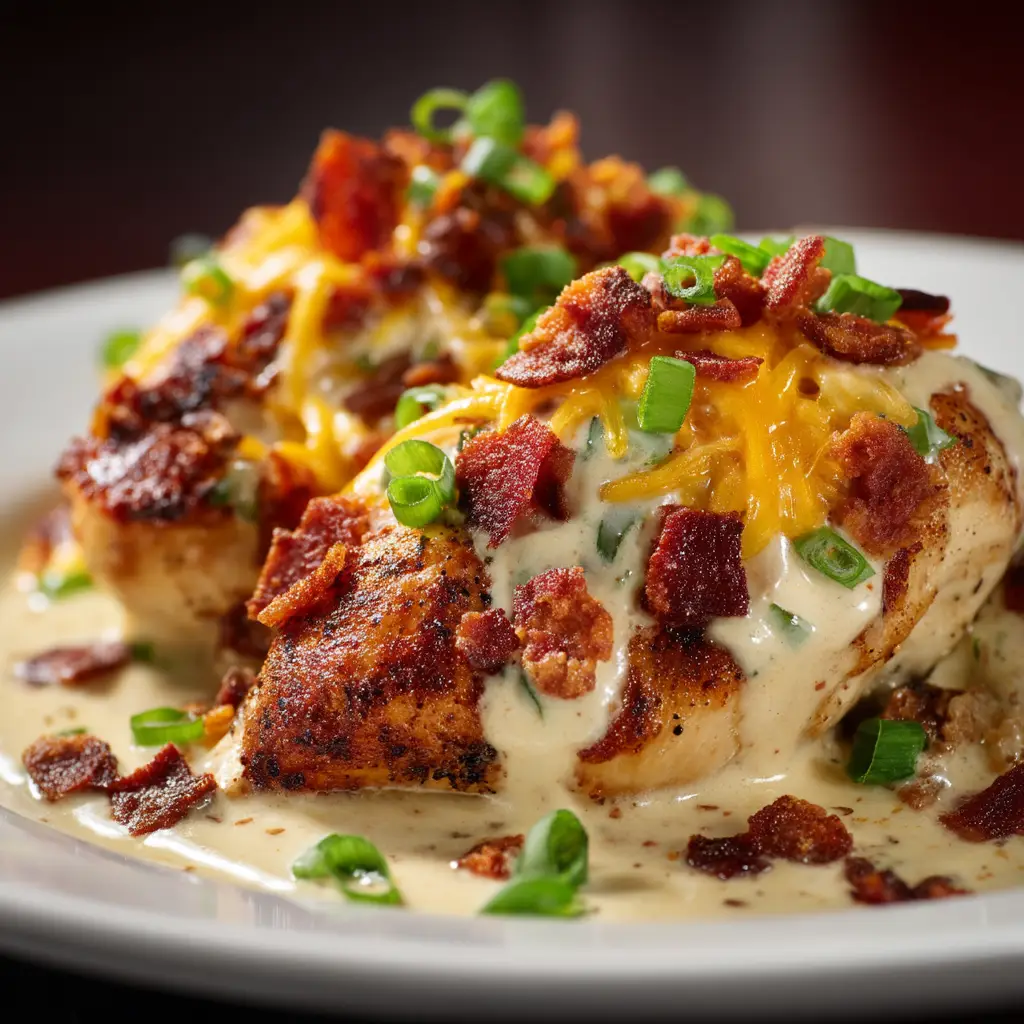 Side view of Mississippi Mud Chicken served on a white plate with vibrant green onions and bacon toppings.
