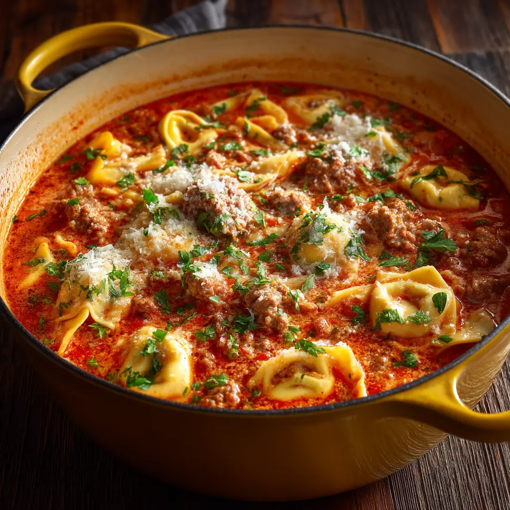 Lasagna Soup Recipe: The Creamiest One-Pot Tortellini Comfort Meal 2 Close-up of steaming Lasagna Soup Recipe showing the texture of seasoned meat and creamy tomato broth.