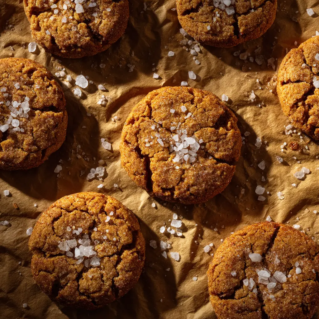 Top-down view of Salted Honey Cinnamon Cookies scattered on parchment paper with soft natural lighting.