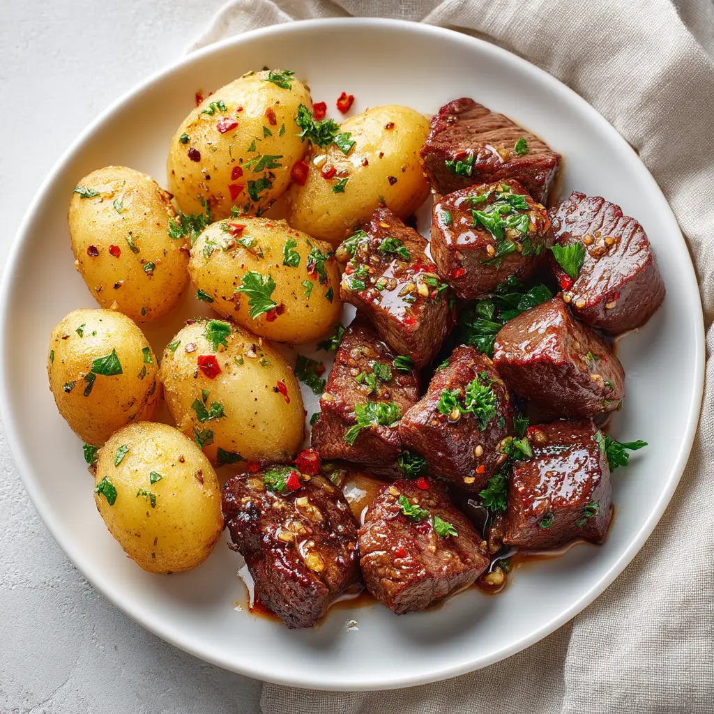 Garlic Steak Bites and Potatoes: The Ultimate Skillet Comfort Meal 1 Macro shot of Garlic Steak Bites and Potatoes highlighting the texture of the crispy potato skin and the fresh parsley garnish.