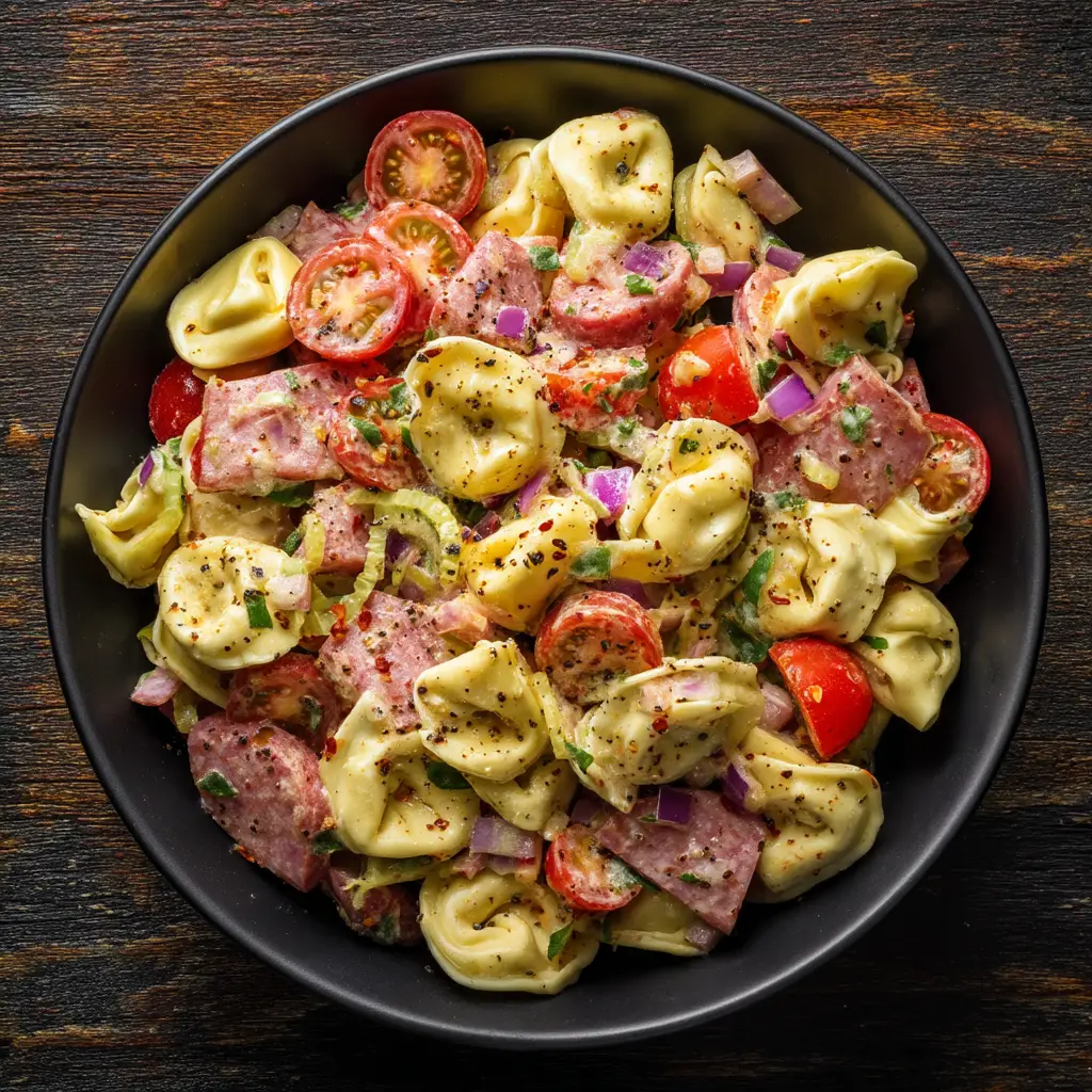 Italian Grinder Tortellini Salad: The Ultimate Deli-Style Fusion 1 Close up of the creamy savory dressing coating the Italian Grinder Tortellini Salad components.