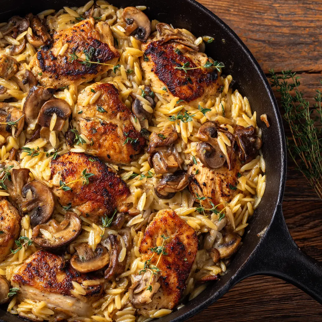 A close-up, detailed overhead view of one-pot chicken orzo in a black cast iron skillet, showing seared chicken, mushrooms, and a rich creamy sauce.