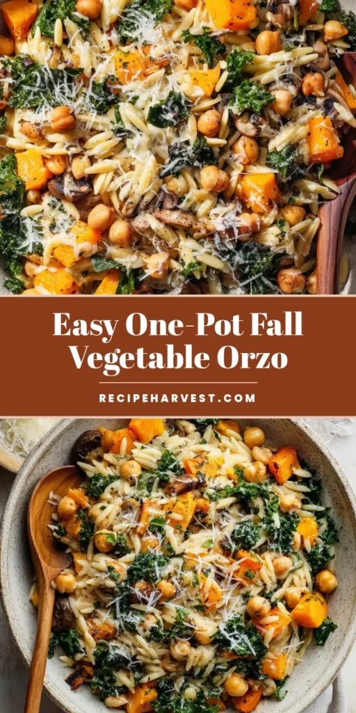 Overhead view of a rustic ceramic bowl filled with creamy One Pot Fall Vegetable Orzo, garnished with Parmesan and a wooden spoon.