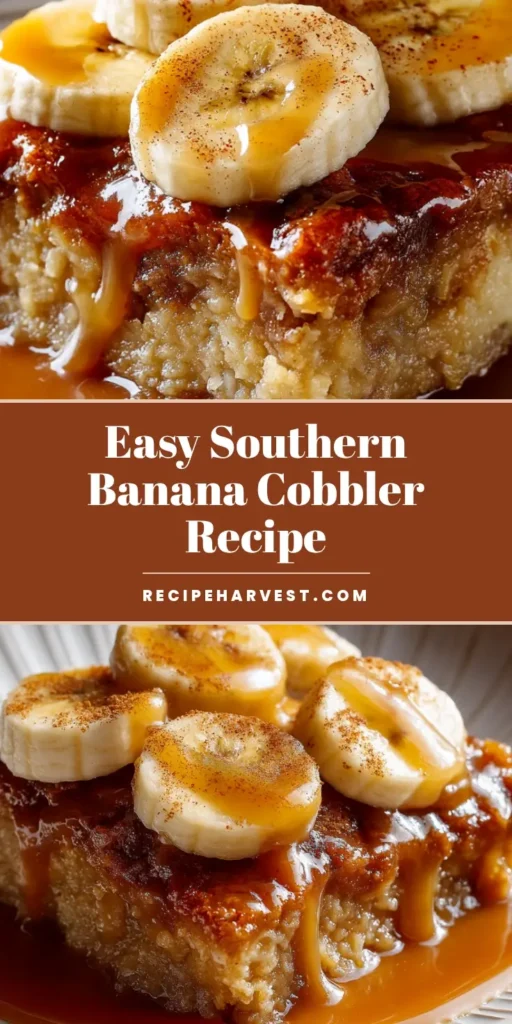 Southern Banana Cobbler with a Golden Caramelized Crust 4 A close-up of Southern Banana Cobbler on a white plate, showing the caramelized crust, sliced bananas, and drizzled caramel sauce.