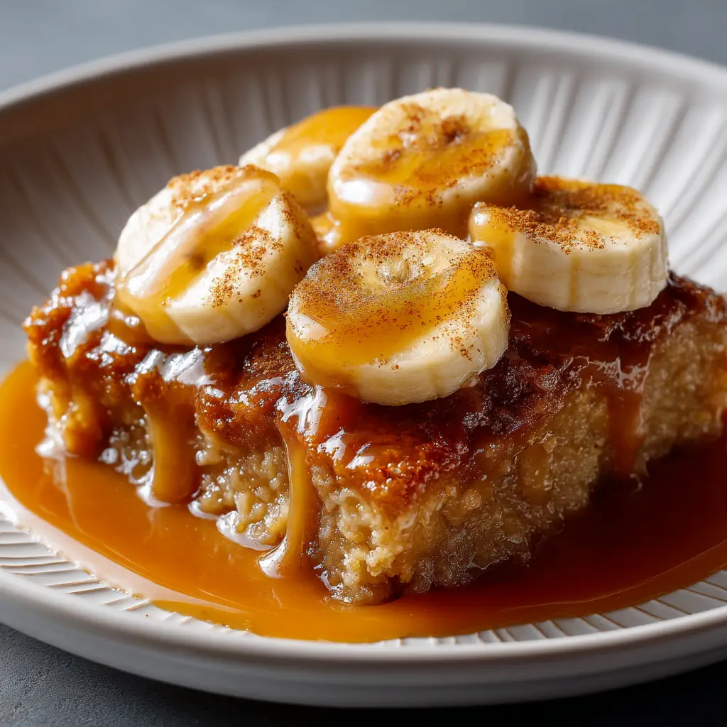 Southern Banana Cobbler with a Golden Caramelized Crust 2 Extreme close-up of warm Southern banana cobbler with overlapping banana slices and cinnamon sprinkle.