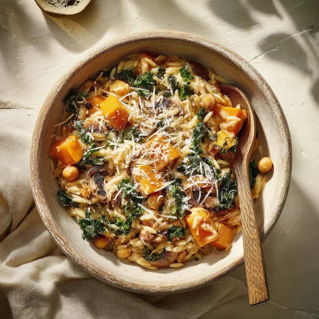 A rustic bowl of One Pot Fall Vegetable Orzo with savory mushrooms and chickpeas on a textured light surface.