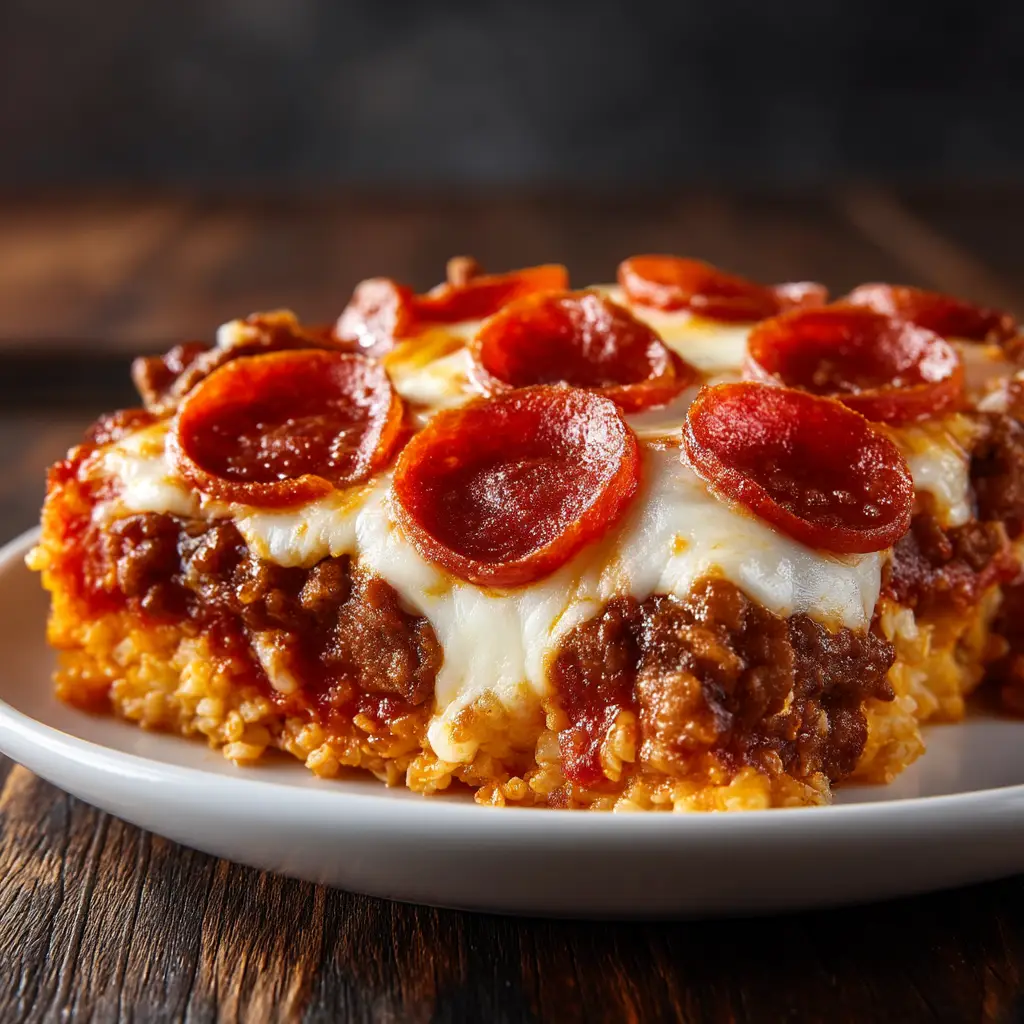 A low-angle shot of the Keto Pizza Casserole, emphasizing its hearty texture and generous layers of cheese and meat.