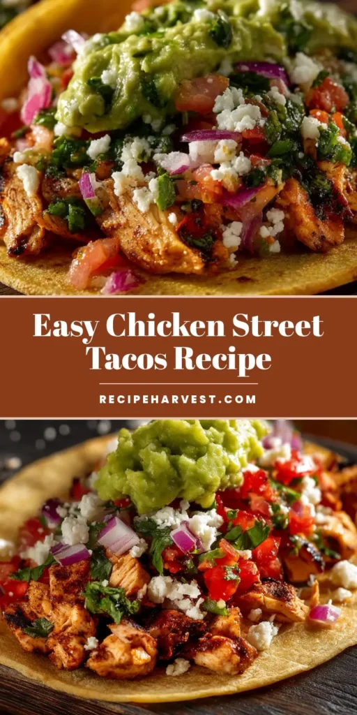 A shareable pin image showing authentic chicken street tacos on a rustic board, highlighting the grilled chicken and fresh toppings. (Chicken Street Tacos)