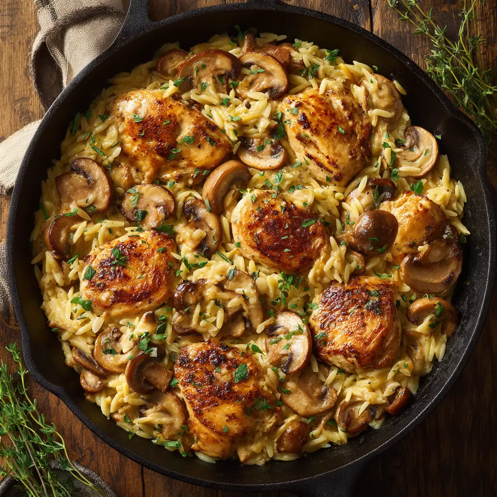 A savory, appetizing bowl of one-pot chicken orzo, with golden-brown chicken pieces and fresh thyme leaves on top, on a rustic wood background.