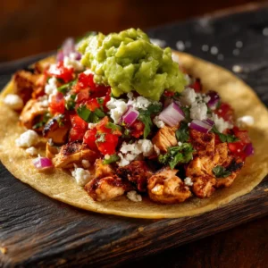 An extreme close-up of a vibrant chicken street taco, loaded with grilled chicken, pico de gallo, cilantro, onion, and cotija cheese on a rustic board. (Chicken Street Tacos)