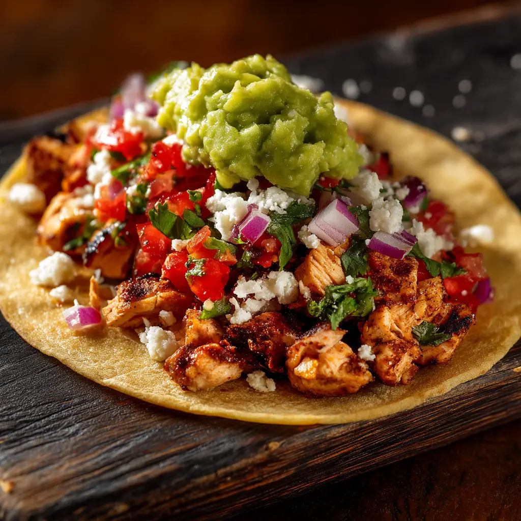 An extreme close-up of a vibrant chicken street taco, loaded with grilled chicken, pico de gallo, cilantro, onion, and cotija cheese on a rustic board. (Chicken Street Tacos)