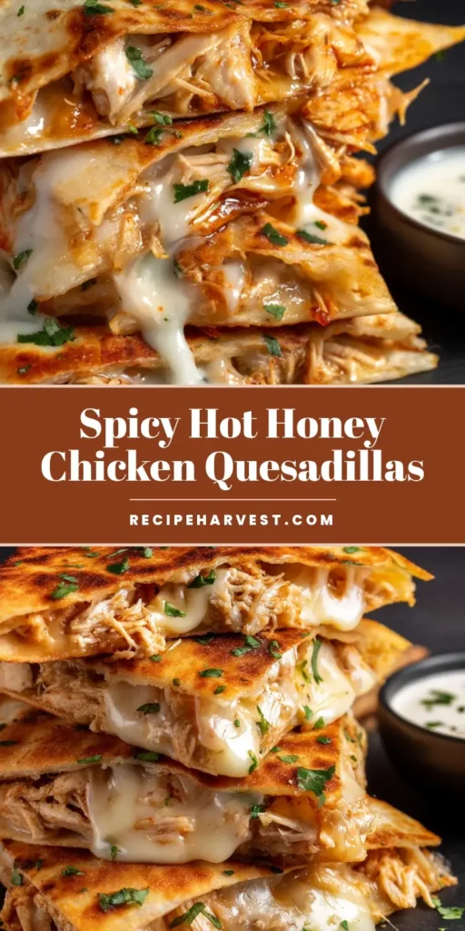 A tall, appetizing stack of Hot Honey Chicken Quesadillas cut into wedges, served on a dark plate with a side of creamy dipping sauce.
