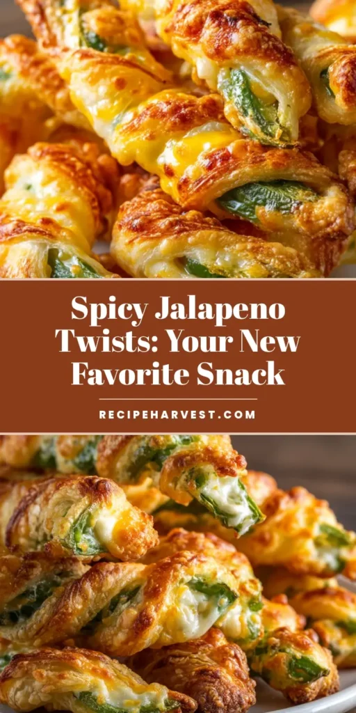 A shareable pin image showing golden brown baked jalapeno popper twists with flaky pastry and melted cheese.